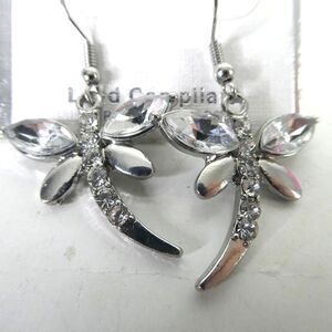 One Way Collection Dragonfly Rhinestone Silver Tone Dangle Earrings Steel Hooks